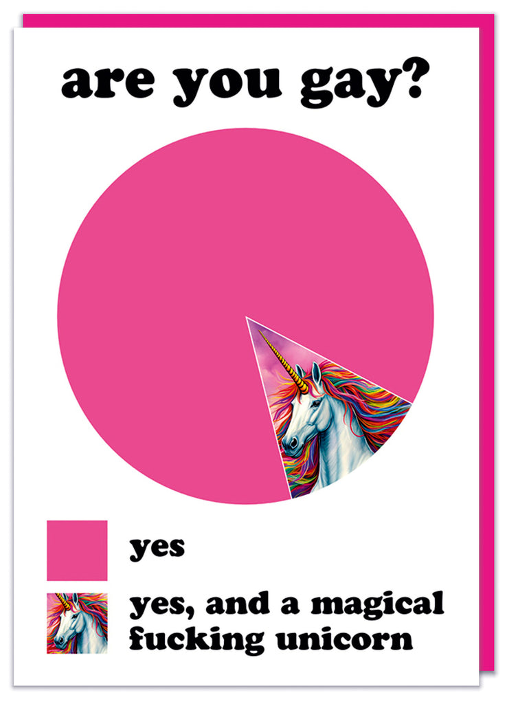 A funny white birthday card with a pie chart split into pink and a picture of a rainbow unicorn.  The card asks Are you gay? with the options being Yes and Yes, and a magical fucking unicorn.