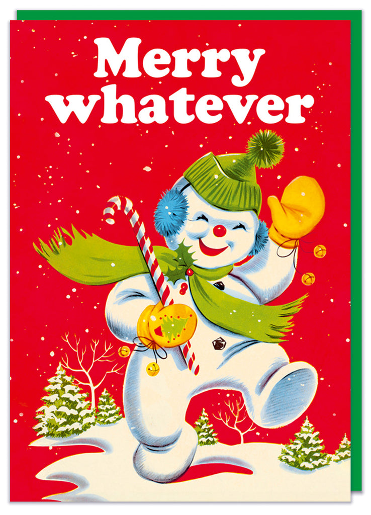 A funny Christmas card featuring a vintage illustration of a snowman against a bright red background