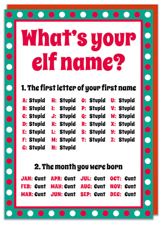 A Christmas card asking what your elf name is