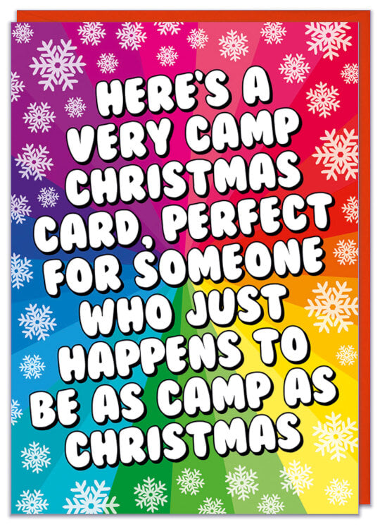 A rainbow explosion Christmas card with curvy white text with a black outline