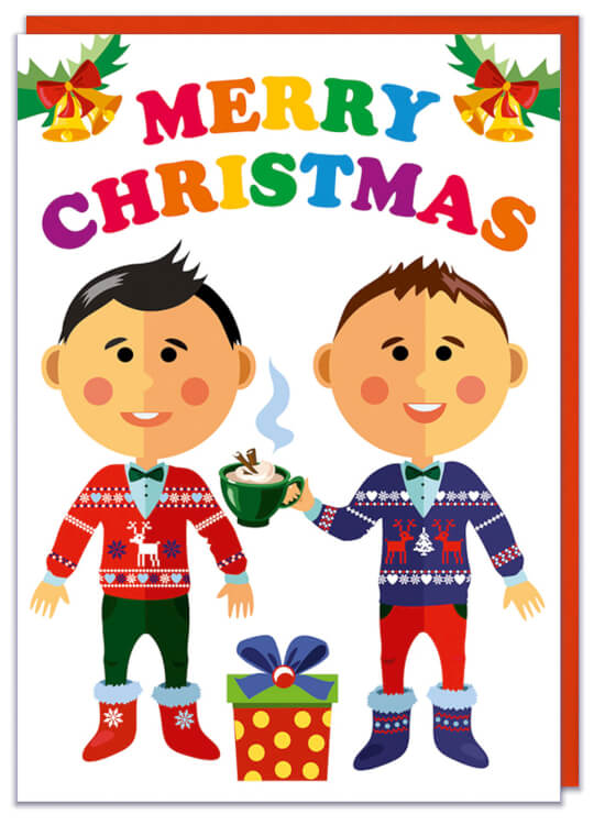 A Christmas card with a cute cartoon of two guys in festive knitted jumpers