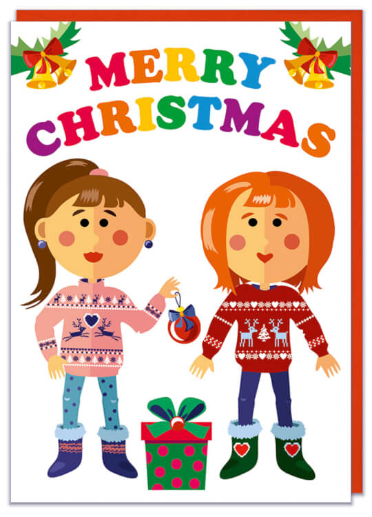 A Christmas card with a cute cartoon of two ladies in festive knitted jumpers