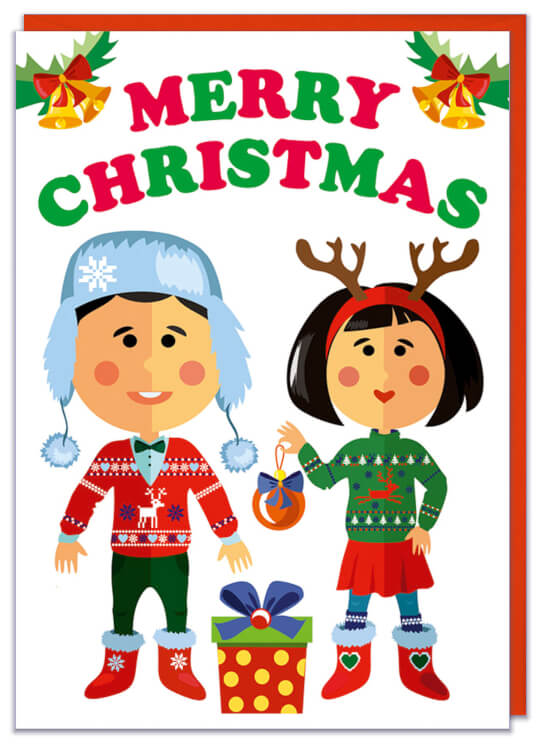 A Christmas card with a cute cartoon of a guy and a girl in festive knitted jumpers