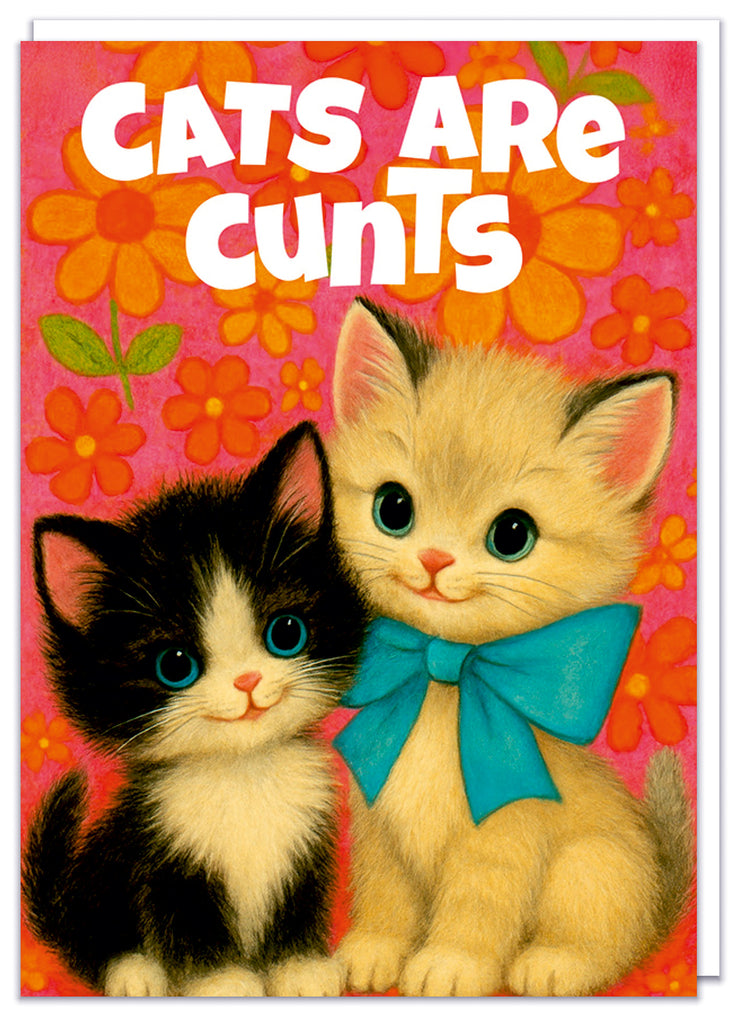 A funny birthday card featuring a vintage kitsch illustration of two kittens