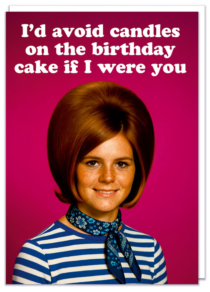 A funny birthday card featuring a 1960s photo of a smiling woman in a striped shirt with a big beehive haircut