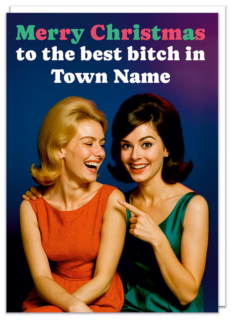 A funny personalisable Christmas card with a 1960s picture of two smiling women laughing and pointing at each other