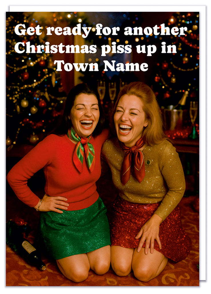 A funny personalisable Christmas card featuring two 1970s looking women a bit drunk kneeling on a carpet in a Christmas party