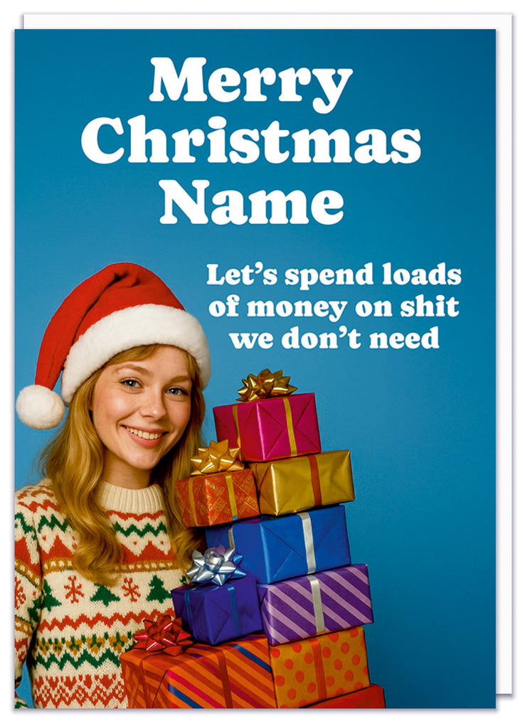 A funny personalisable Christmas card with a 1970s smiling woman in a festive jumper holding a lot of presents