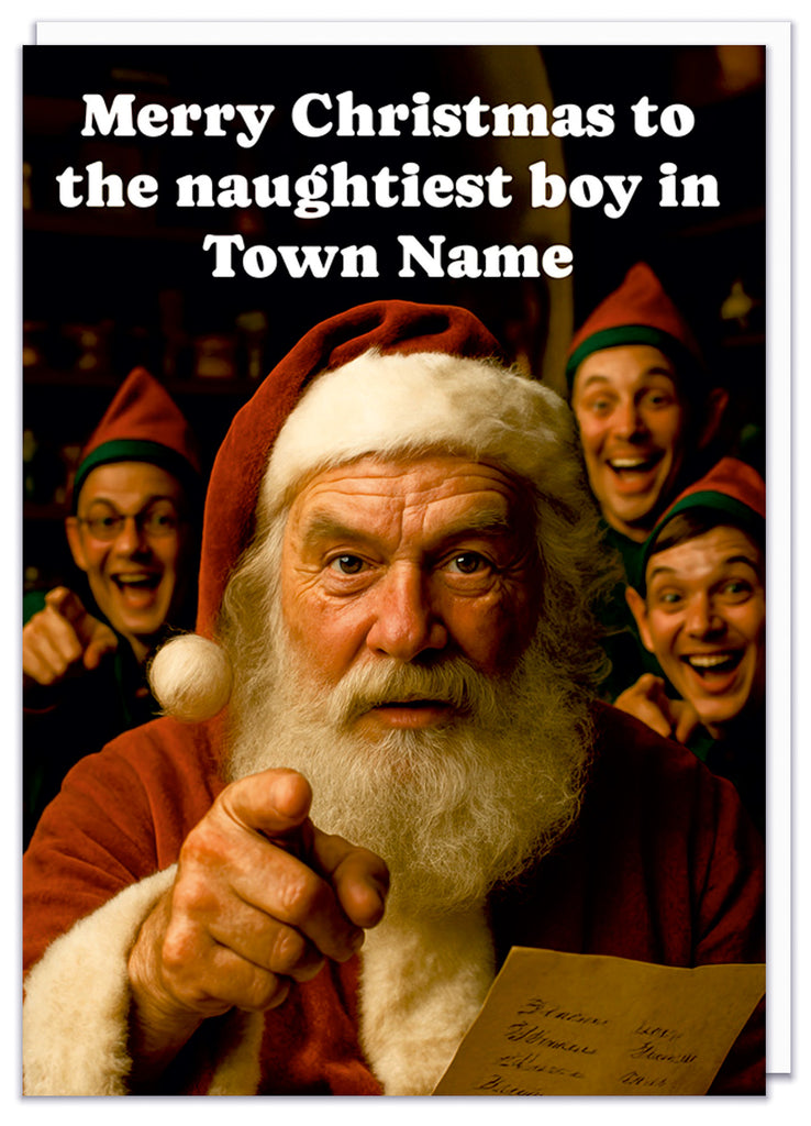 A funny personalisable Christmas card featuring Father Christmas pointing to the camera whilst behind him his elves do the same